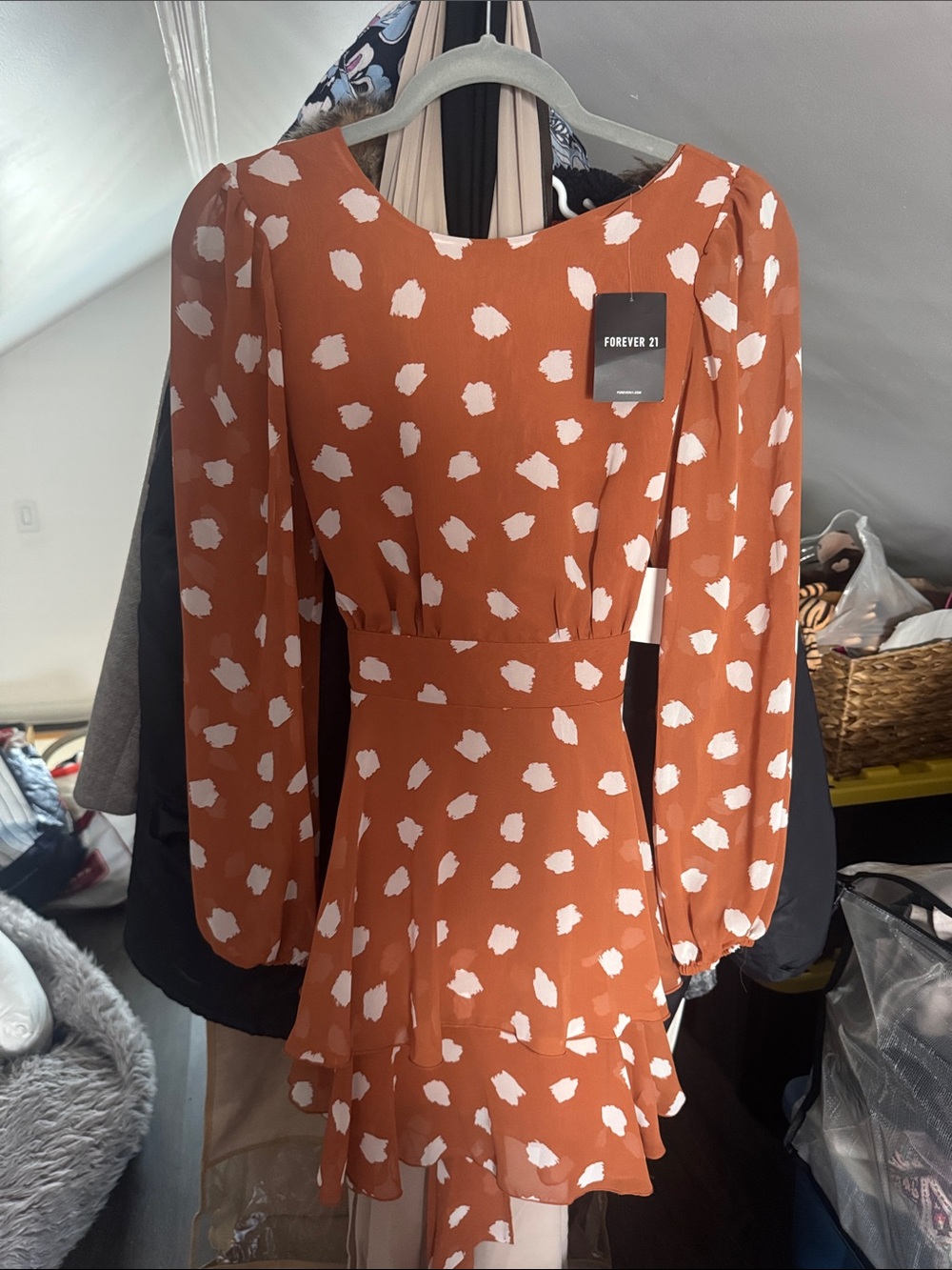 Forever 21 Rust Orange Long-Sleeve White Spot Tiered Mini Dress